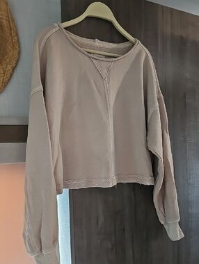 aerie Cropped Raw-Hem Crewneck Sweatshirt - Beige